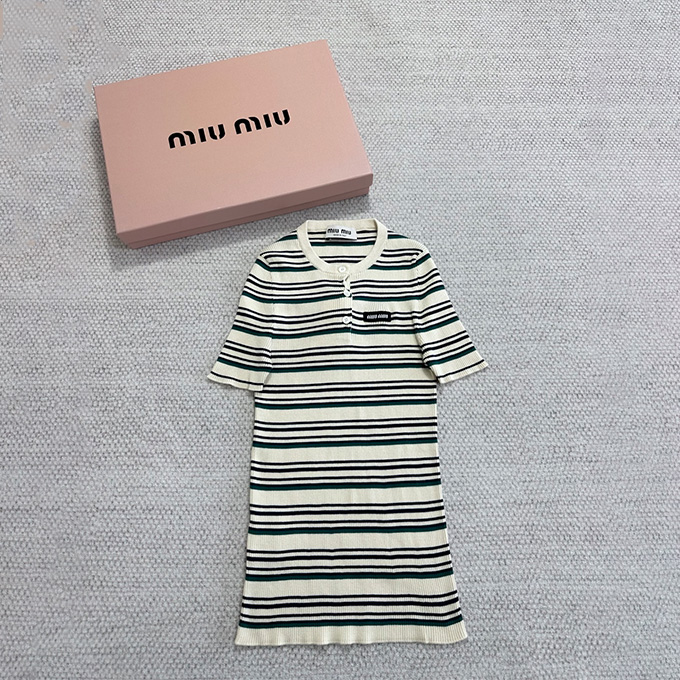 miu miu stripe ribbed short sleeve knit top